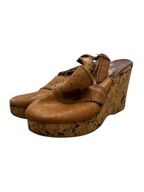 Vintage Vero Cuoio Tan Leather Cork Wedge Clogs Women’s Size 8.5